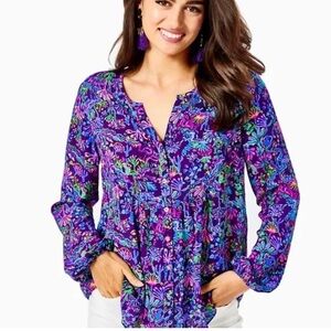 Lilly Pulitzer Blue Long Sleeve Blouse with Mandarin Collar